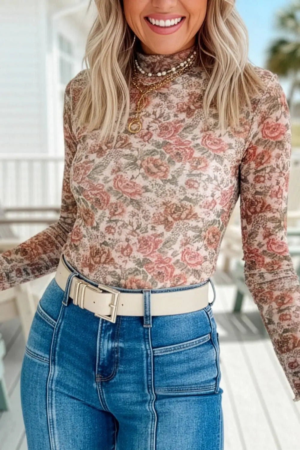 66Retro Floral Print Mesh Mock Neck Plus Size Top (S-4X) 66DISCO