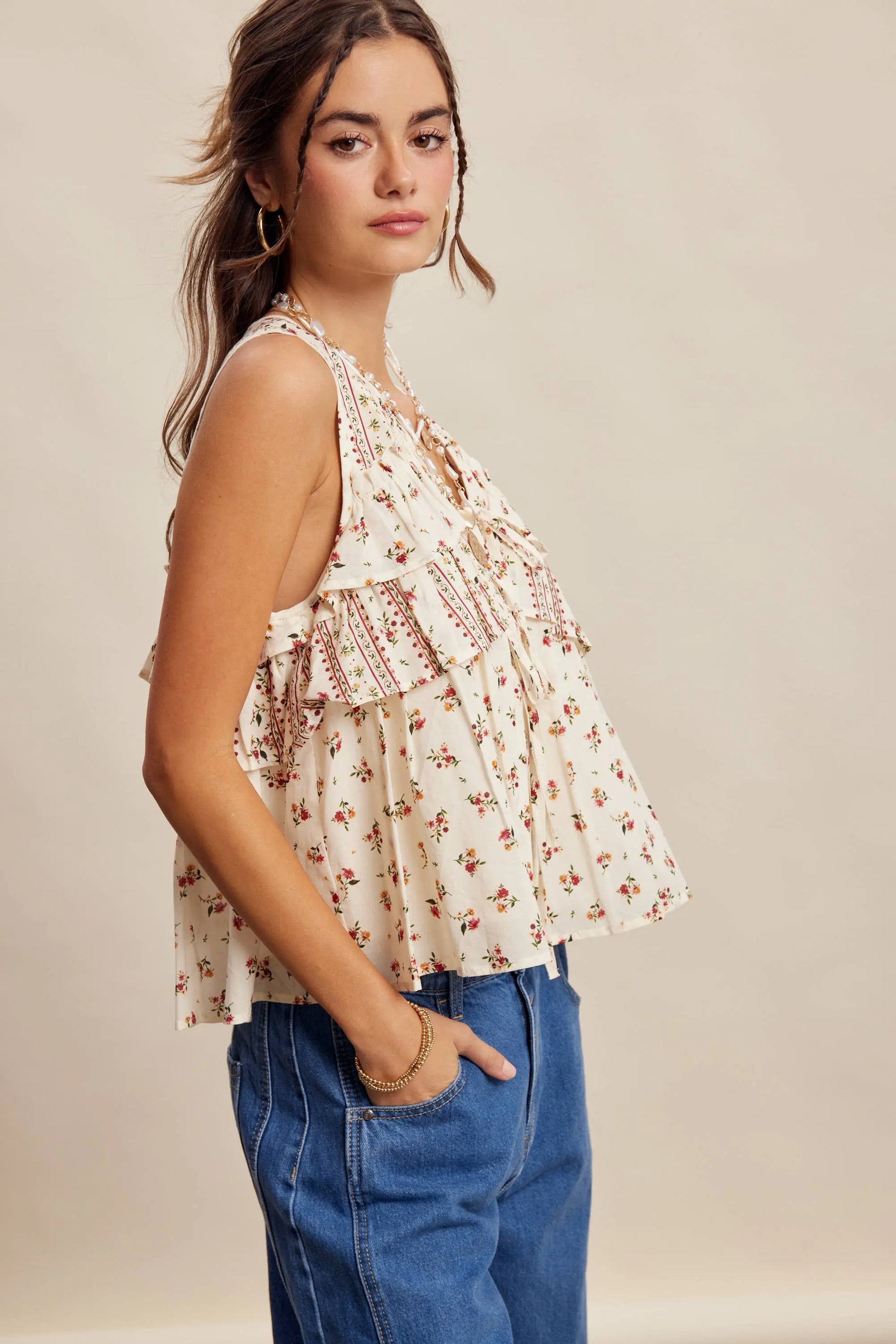 Floral Tiered Ruffle Tie-Front Top LT1465 Listicle