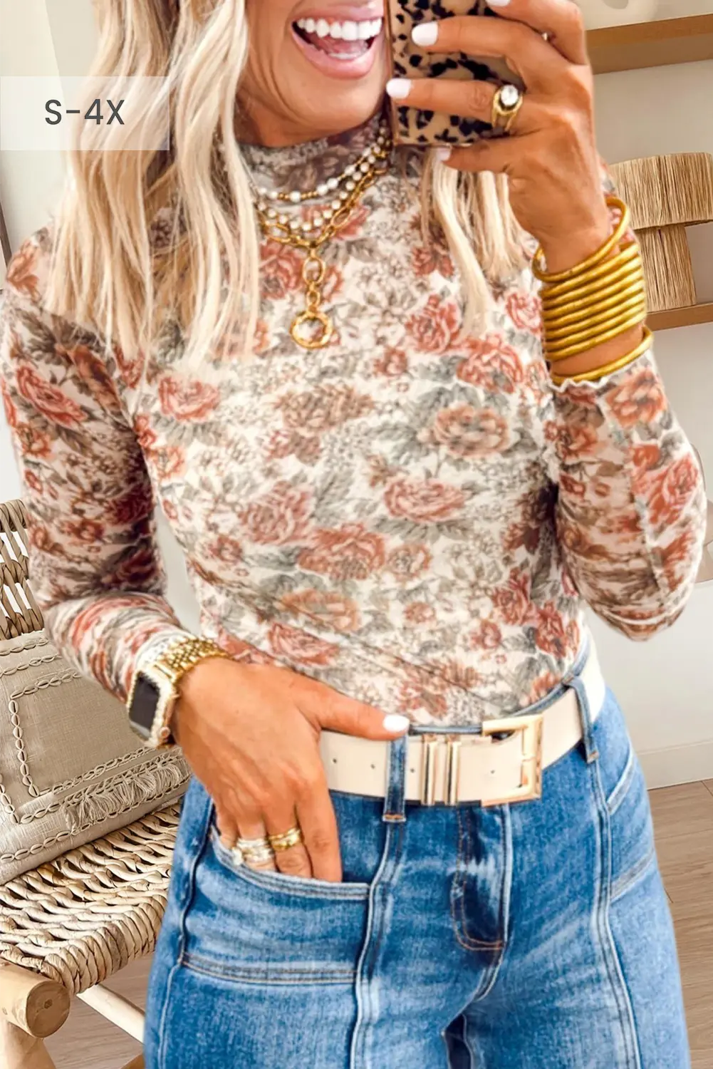 66Retro Floral Print Mesh Mock Neck Plus Size Top (S-4X) 66DISCO