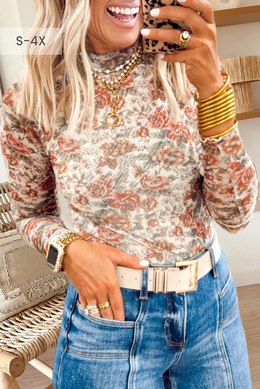 66Retro Floral Print Mesh Mock Neck Plus Size Top (S-4X) 66DISCO