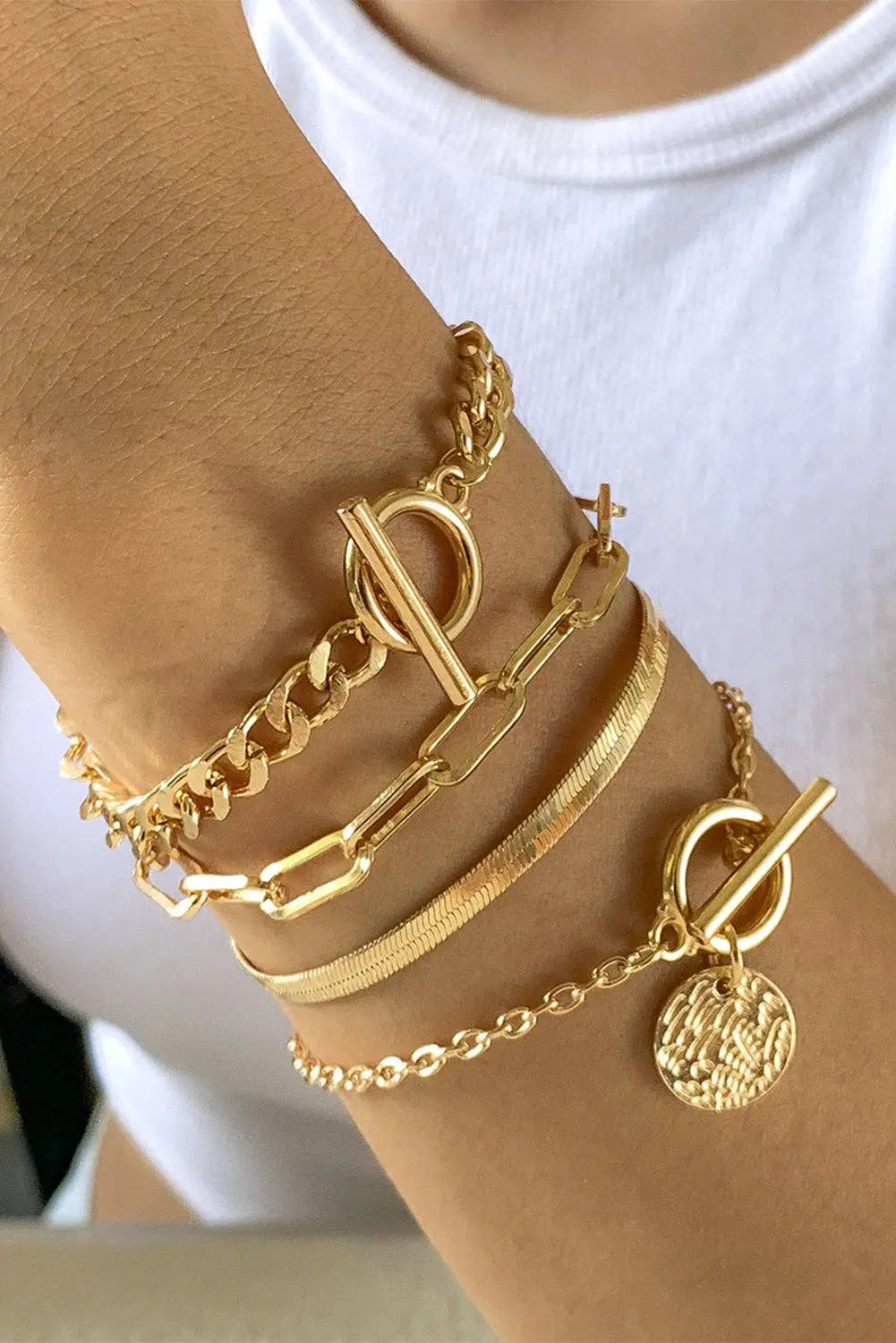 Gold Multi Layered Rhinestone Plated Chain Bracelet Set Lovesoft