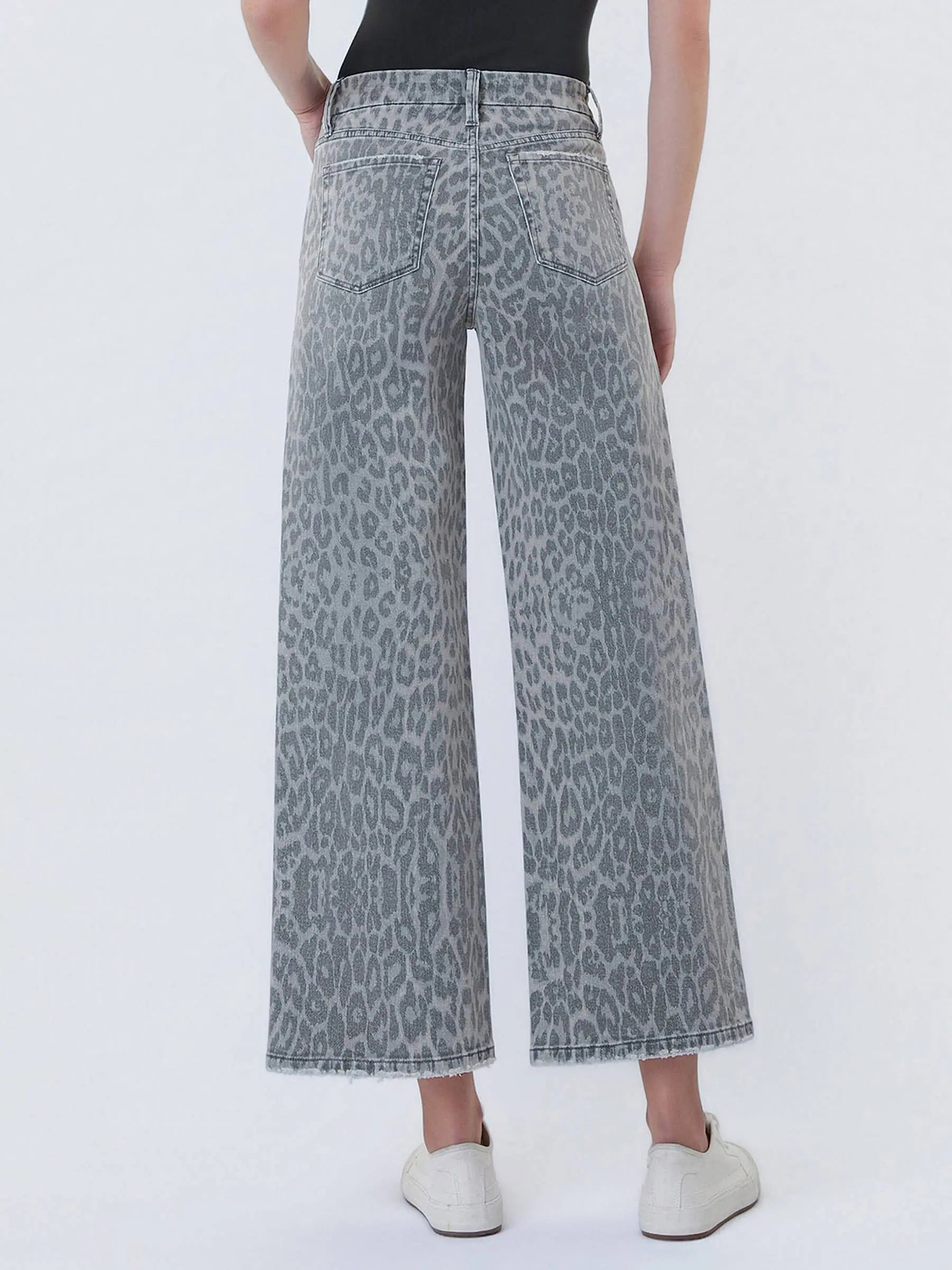 HIGH RISE GREY LEOPARD PRINT CROP WIDE LEG JEANS T7331GLP VERVET by FLYING MONKEY