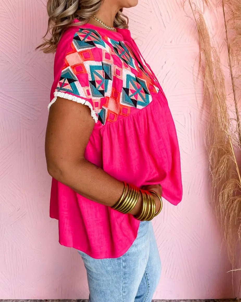 Geometric Embroidered Tassel Tie Blouse - Branded By Barta