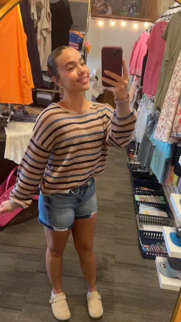 Striped Knitted Drop Shoulder Crew Neck Sweater Little Daisy Closet