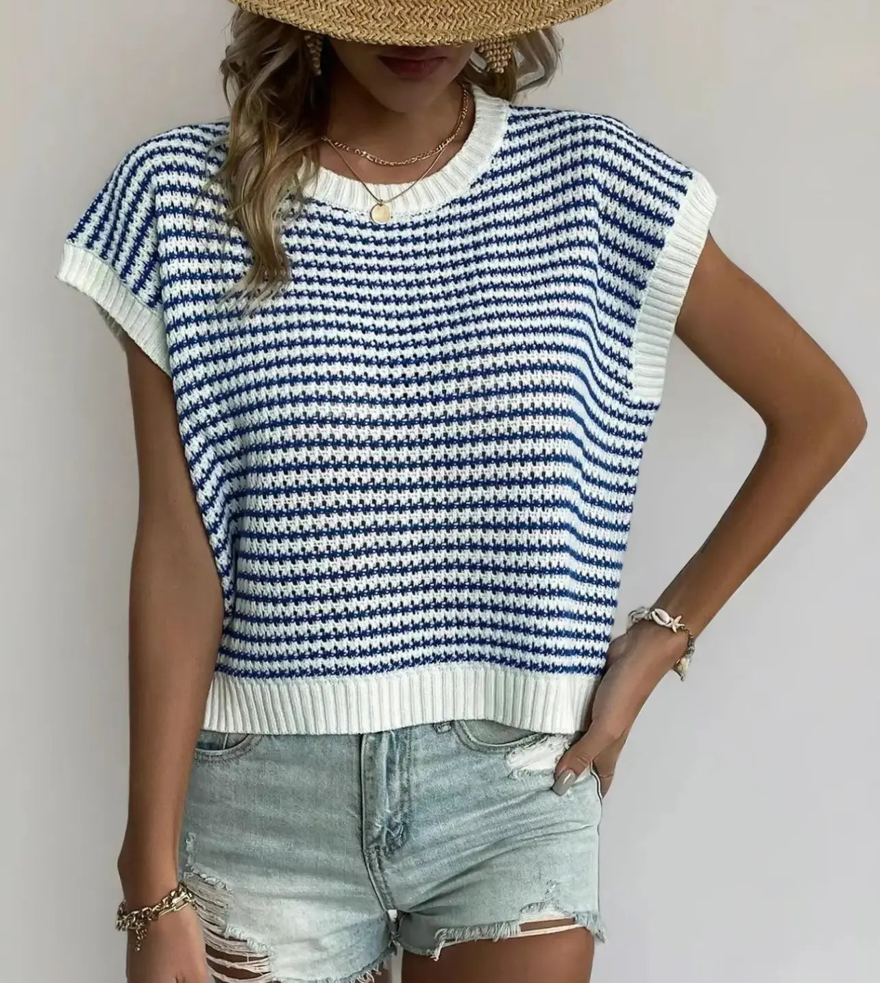 Striped Print Round Neck Knit Top Branded By Barta