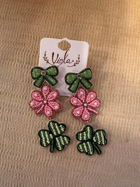 SHAMROCK EARRINGS WITH PINK CLOVER AND BOW