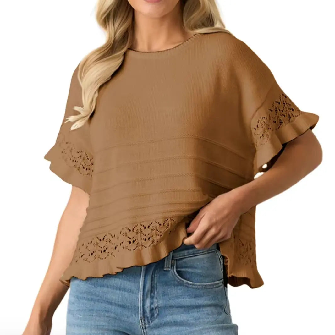 Short Sleeve Sweater Round Neck Ruffled Hem Knit Branded By Barta