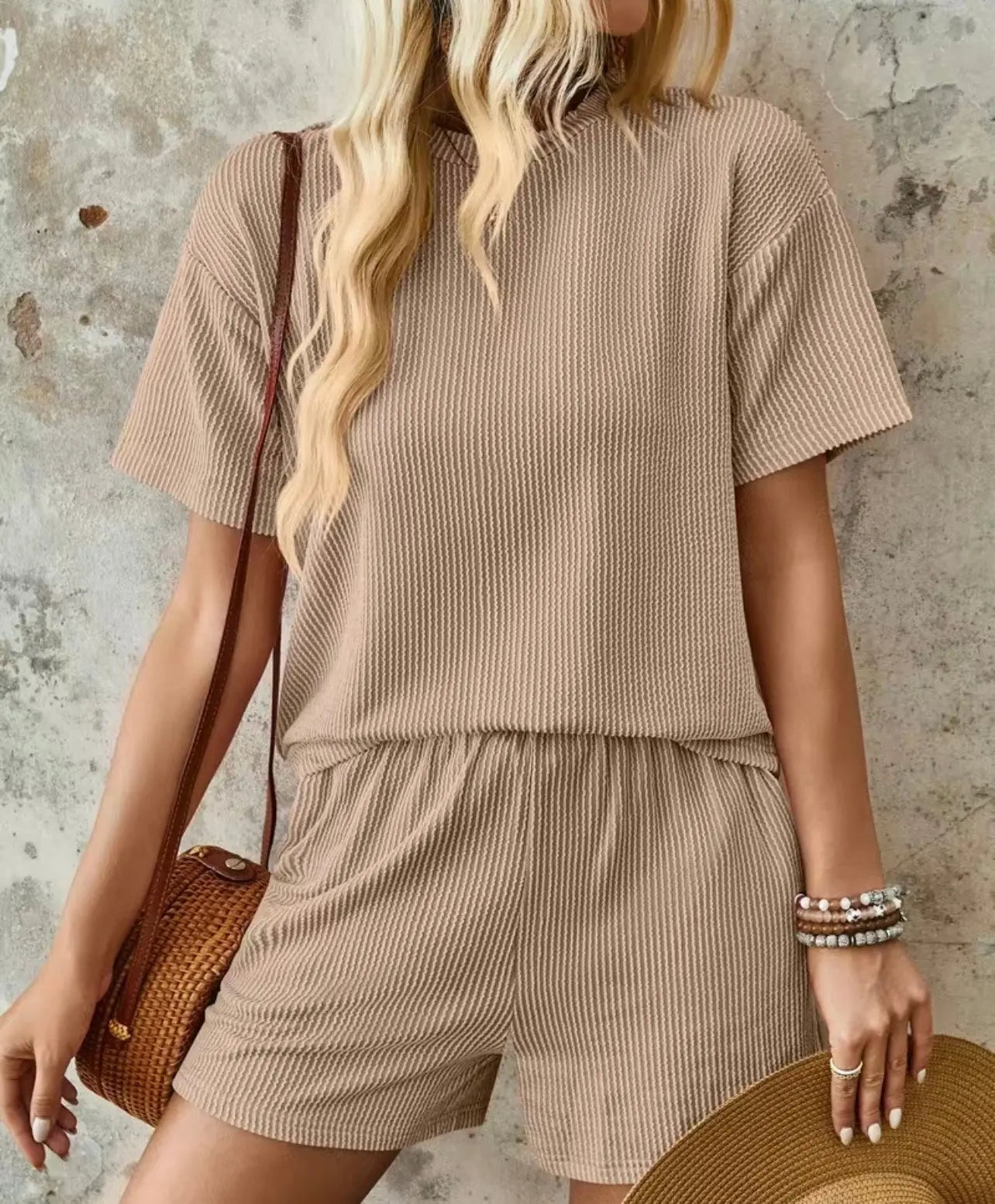 Ribbed Textured Knit Loose Fit Tee and Shorts Set Branded By Barta