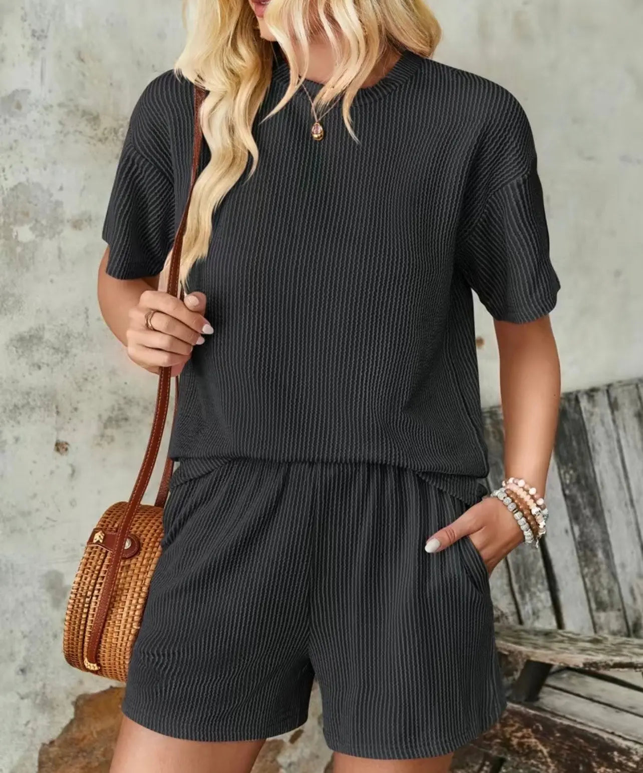 Ribbed Textured Knit Loose Fit Tee and Shorts Set Branded By Barta