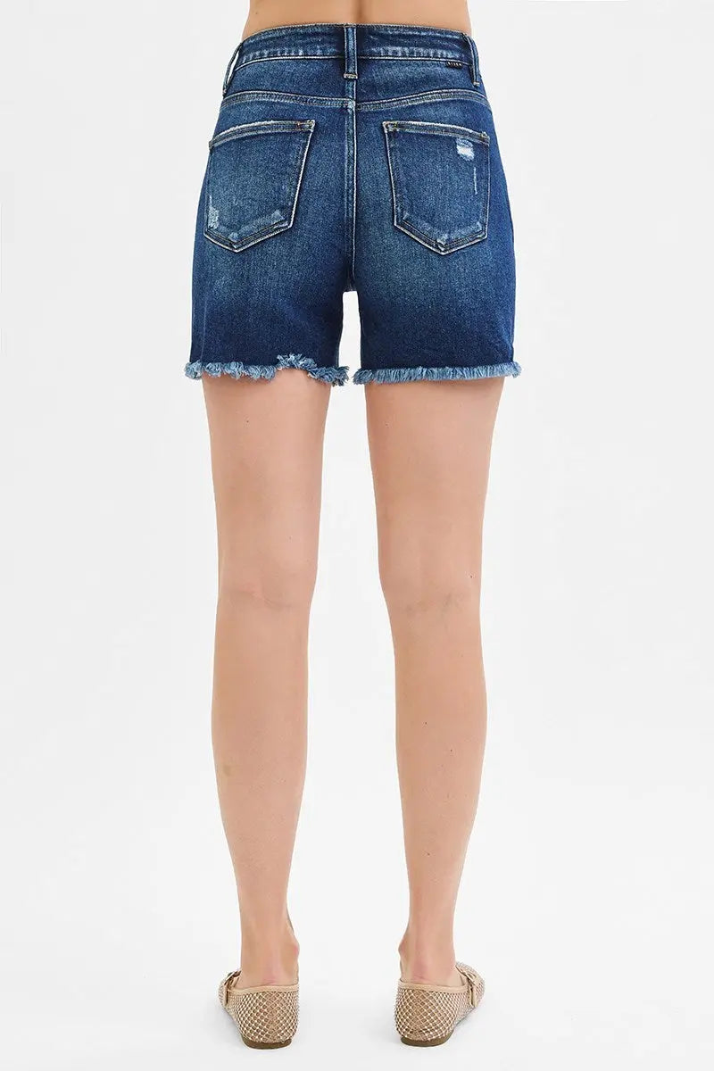 HIGH RISE DISTRESSED MID THIGH SHORTS - Risen Shorts Branded By Barta