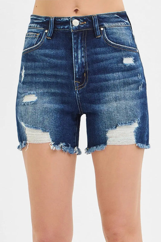 HIGH RISE DISTRESSED MID THIGH SHORTS - Risen Shorts Branded By Barta
