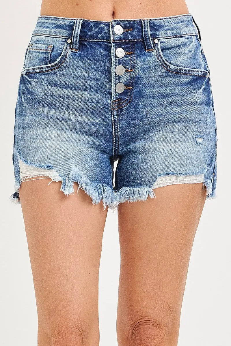 HIGH RISE BUTTON DOWN STEP SIDE HEM SHORTS - Risen Shorts Branded By Barta