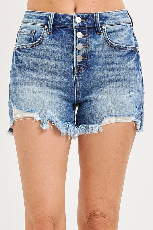HIGH RISE BUTTON DOWN STEP SIDE HEM SHORTS - Risen Shorts Branded By Barta