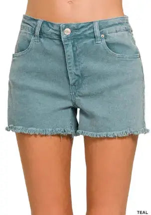 Washed frayed cutoff hem shorts - teal Branded By Barta