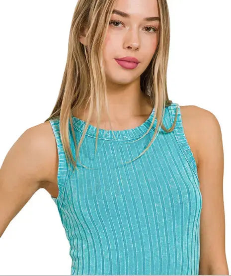 Washed ribbed sleeveless tank top with exposed seam Branded By Barta