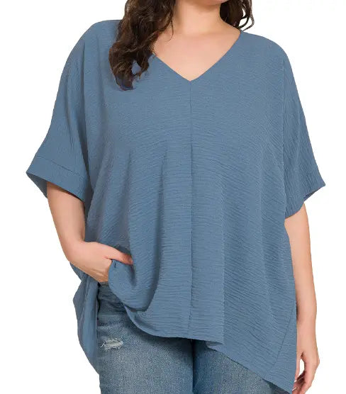 Plus woven airflow v-neck dolman short sleeve top Branded By Barta