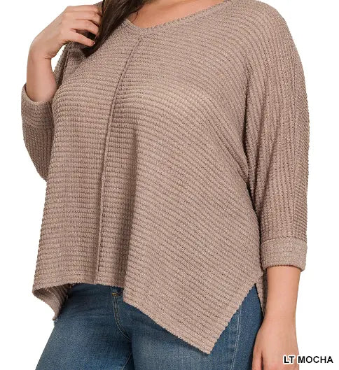 Plus 3/4 sleeve v-neck hi-low hem jacquard sweater Branded By Barta