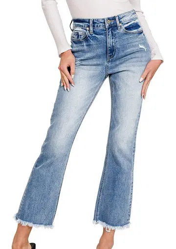 High rise straight raw hem cropped denim pants Branded By Barta