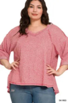 PLUS SOFT MELANGE EXPOSED SEAM V-NECK 3/4 SLV HI LOW TOP Branded By Barta