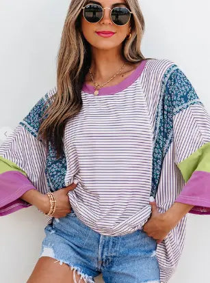 Stripe Floral Colorblock Raw Edge Patchwork Blouse Branded By Barta