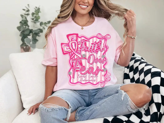 Faith Over Fear Breast Cancer Awareness Graphic Tee/Crew Branded By Barta