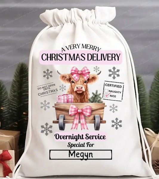 Girly Highland Cow Santa Sack Branded By Barta