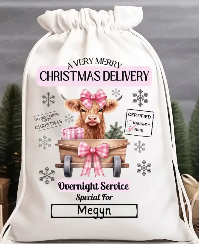 Girly Highland Cow Santa Sack Transfer Branded By Barta