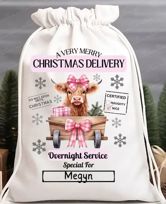 Girly Highland Cow Santa Sack Transfer Branded By Barta