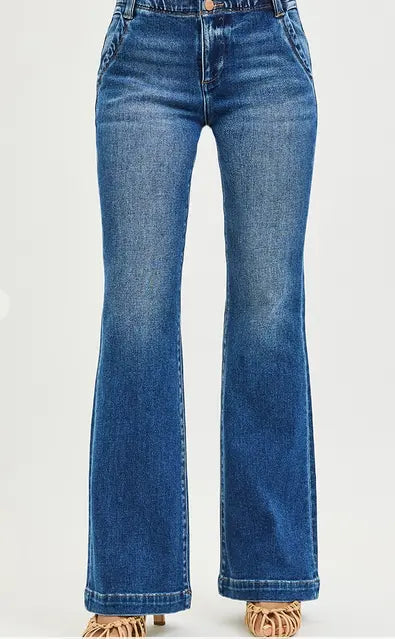 High Rise Flare Jeans With Double Button Down - RISEN Branded By Barta