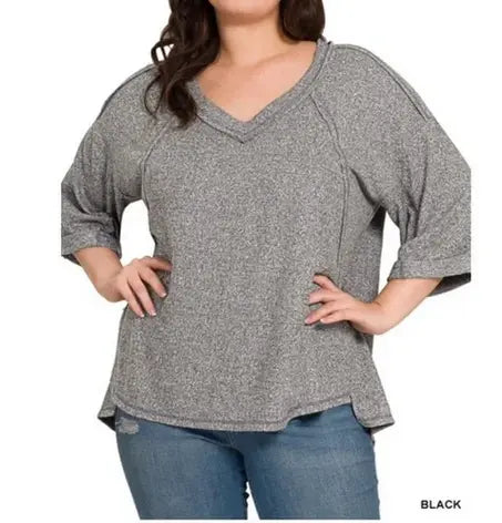 PLUS SOFT MELANGE EXPOSED SEAM V-NECK 3/4 SLV HI LOW TOP Branded By Barta