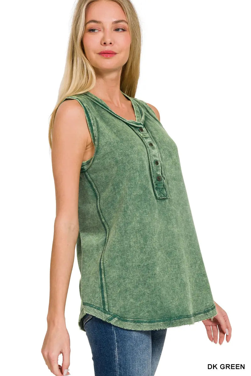 Washed half-button raw edge sleeveless henley top Branded By Barta