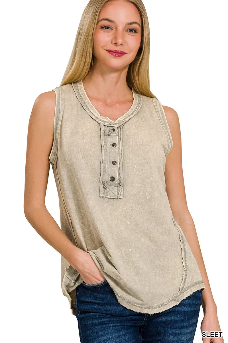 Washed half-button raw edge sleeveless henley top Branded By Barta