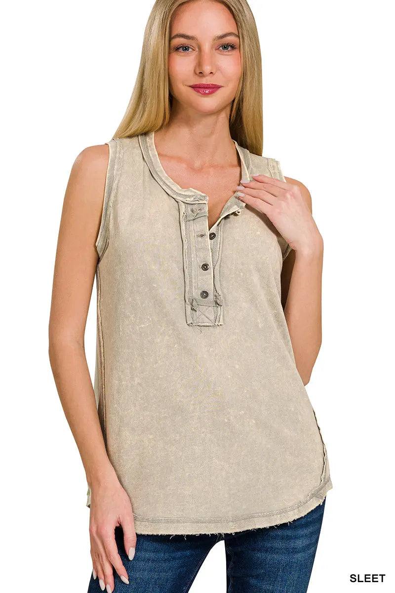 Washed half-button raw edge sleeveless henley top Branded By Barta