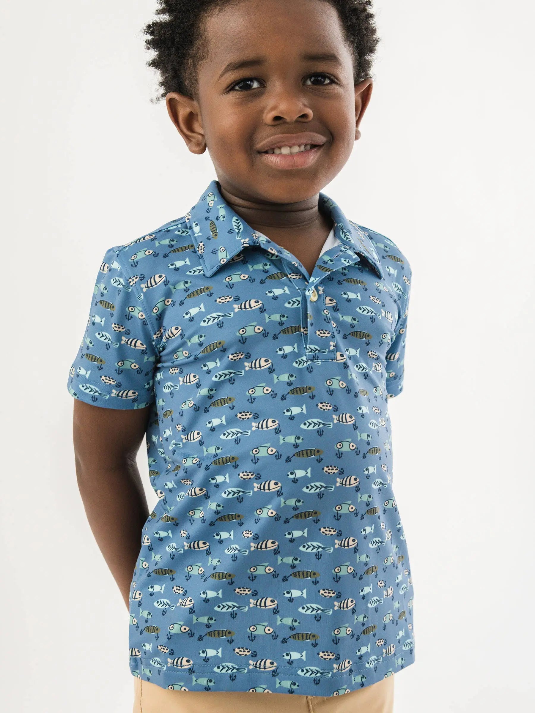 Boys Fish Bait Buddies Knit Short Sleeve Performance Polo RuffleButts + RuggedButts