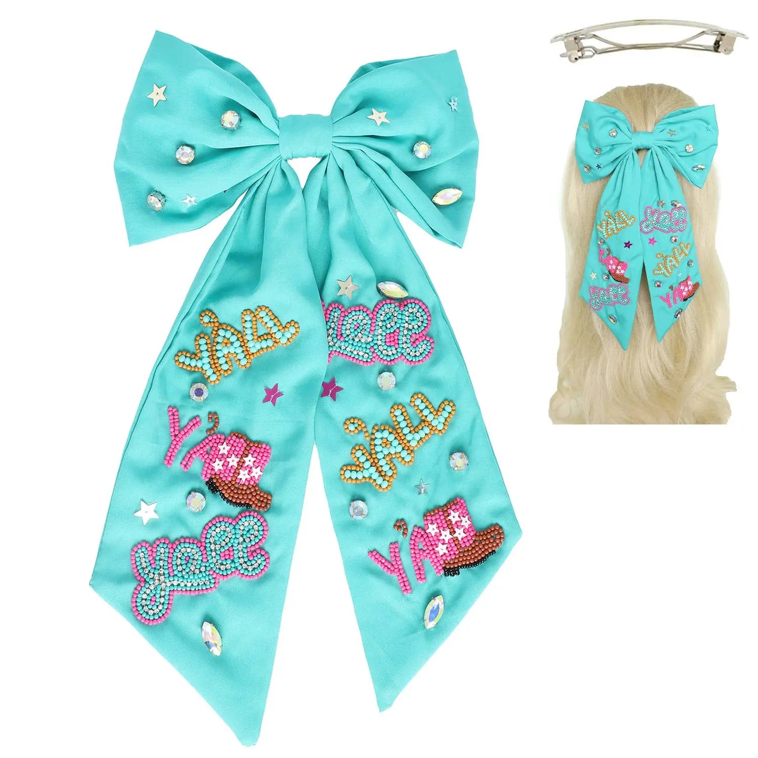 Western Yall Jeweled Bead Bow Barrette Hair Clip SP Sophia Collection