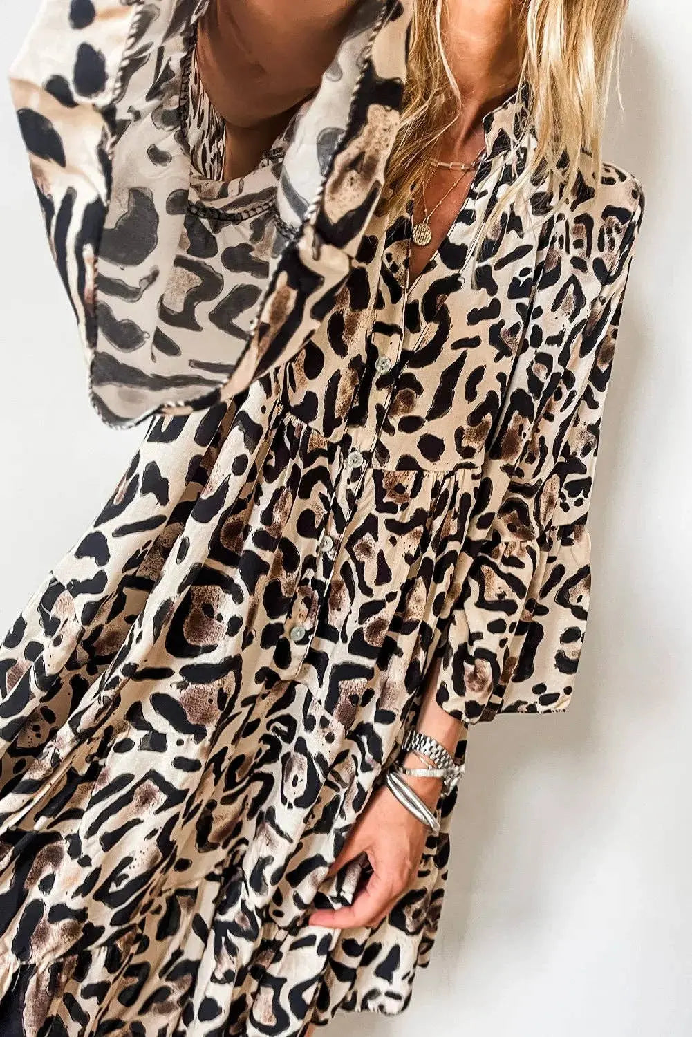 Leopard Print Buttoned Front 3/4 Sleeve Tiered Ruffled Hem Dress - Branded By Barta