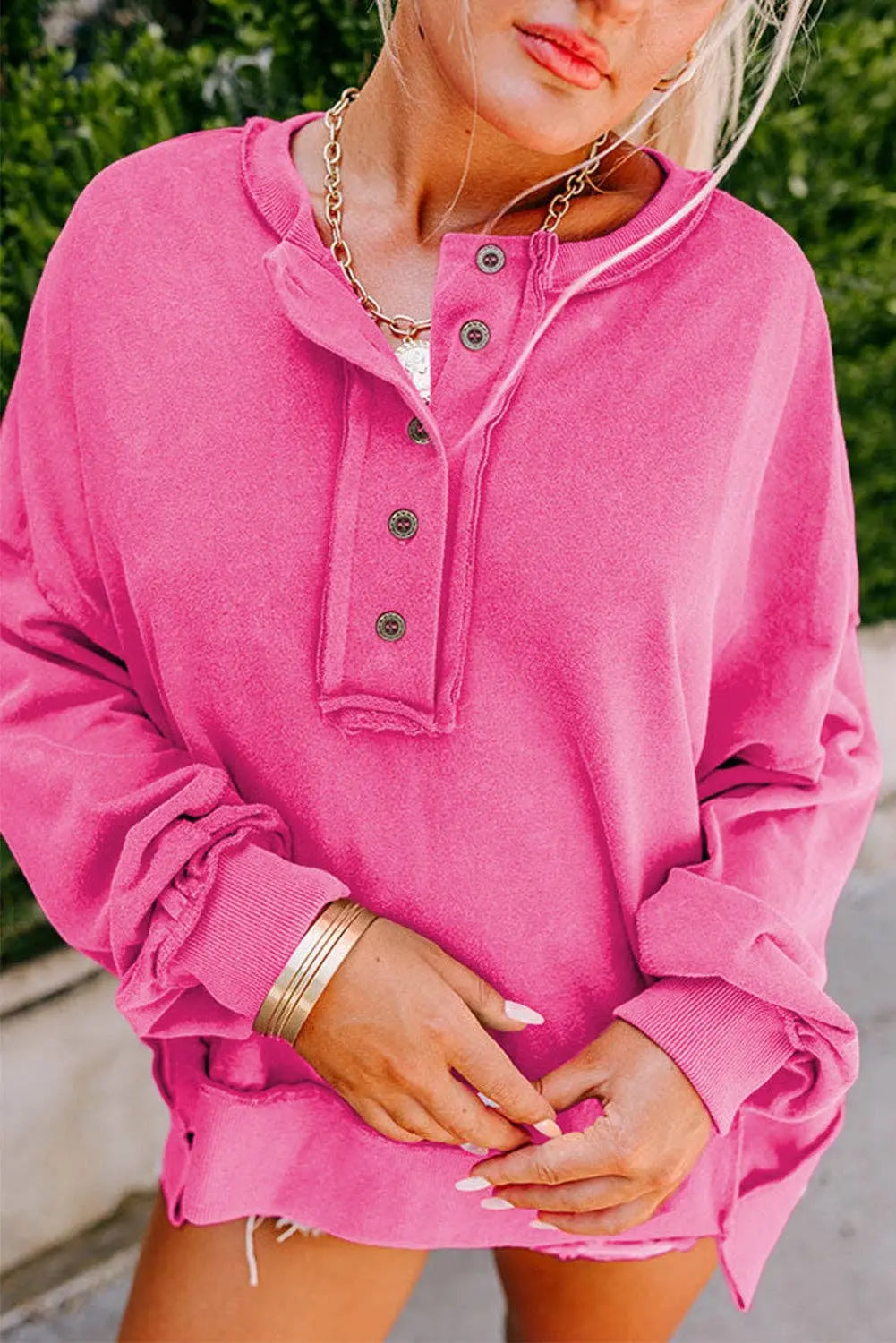 Exposed Seam Buttoned Henley Sweatshirt - Branded By Barta