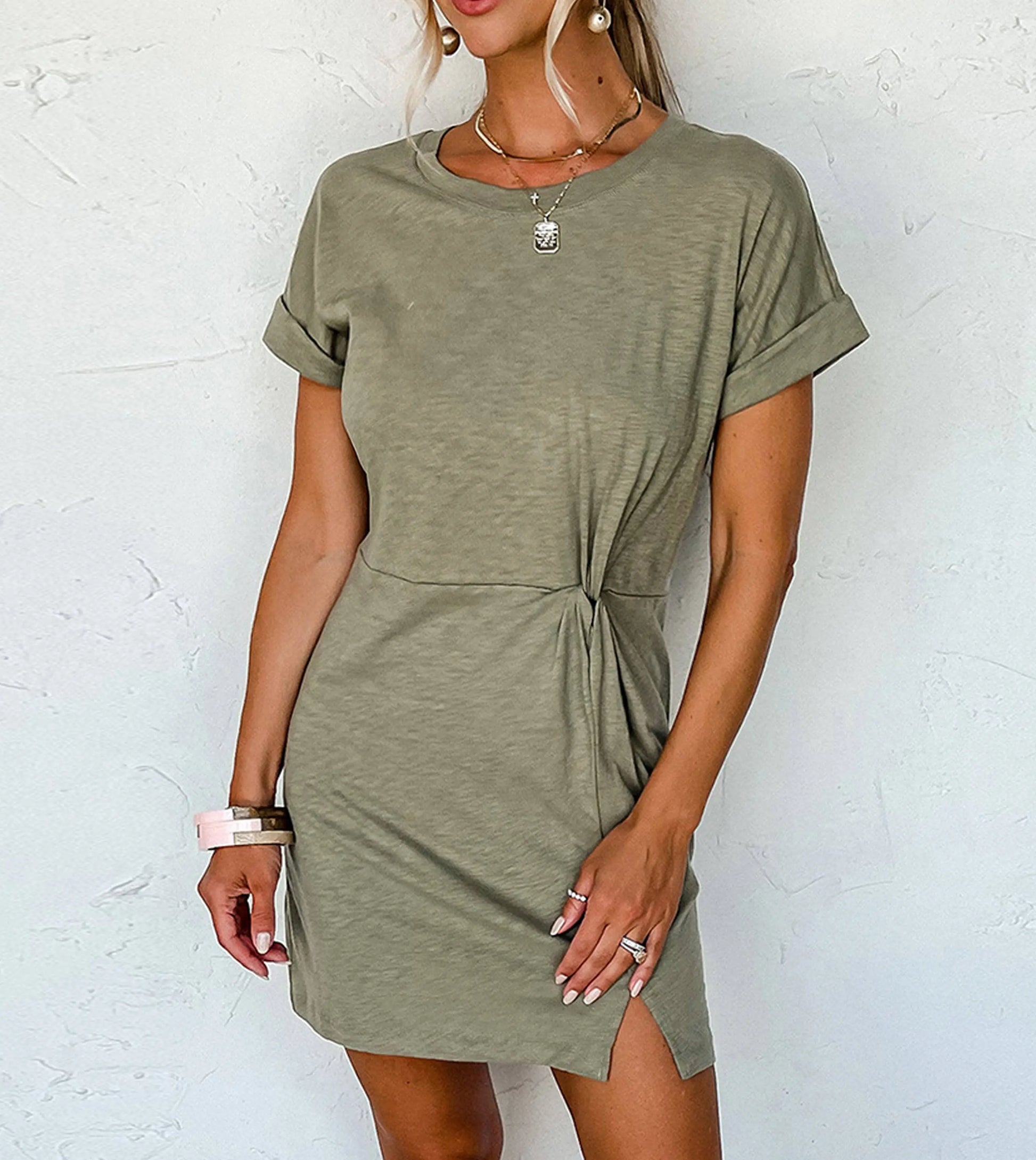 T-shirt style casual loose slit knee-length dress - Green / S T-shirt style casual loose slit knee-length dress - Green / S