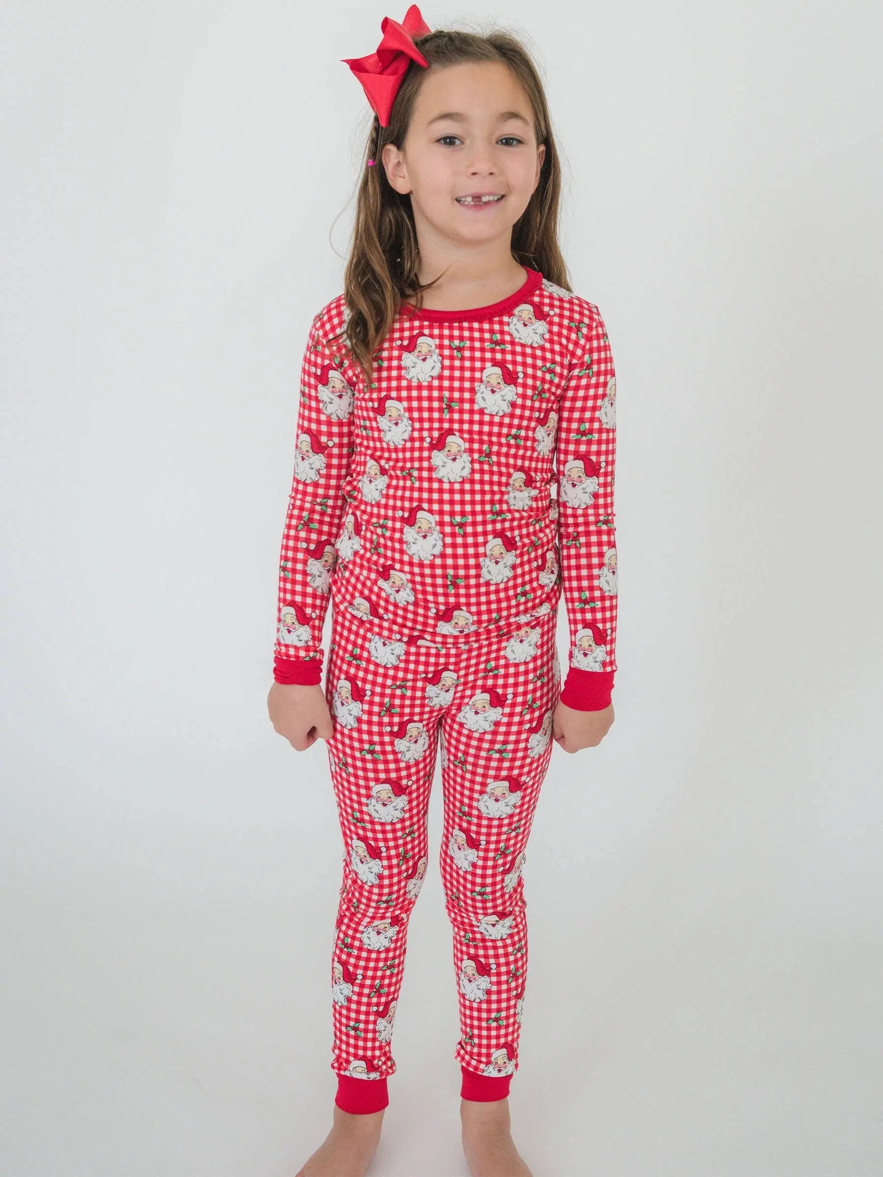 SoftSnooze™ Girls Bamboo Viscose Red Dear Santa Ruffle Long Sleeve Pajama Set RuffleButts + RuggedButts