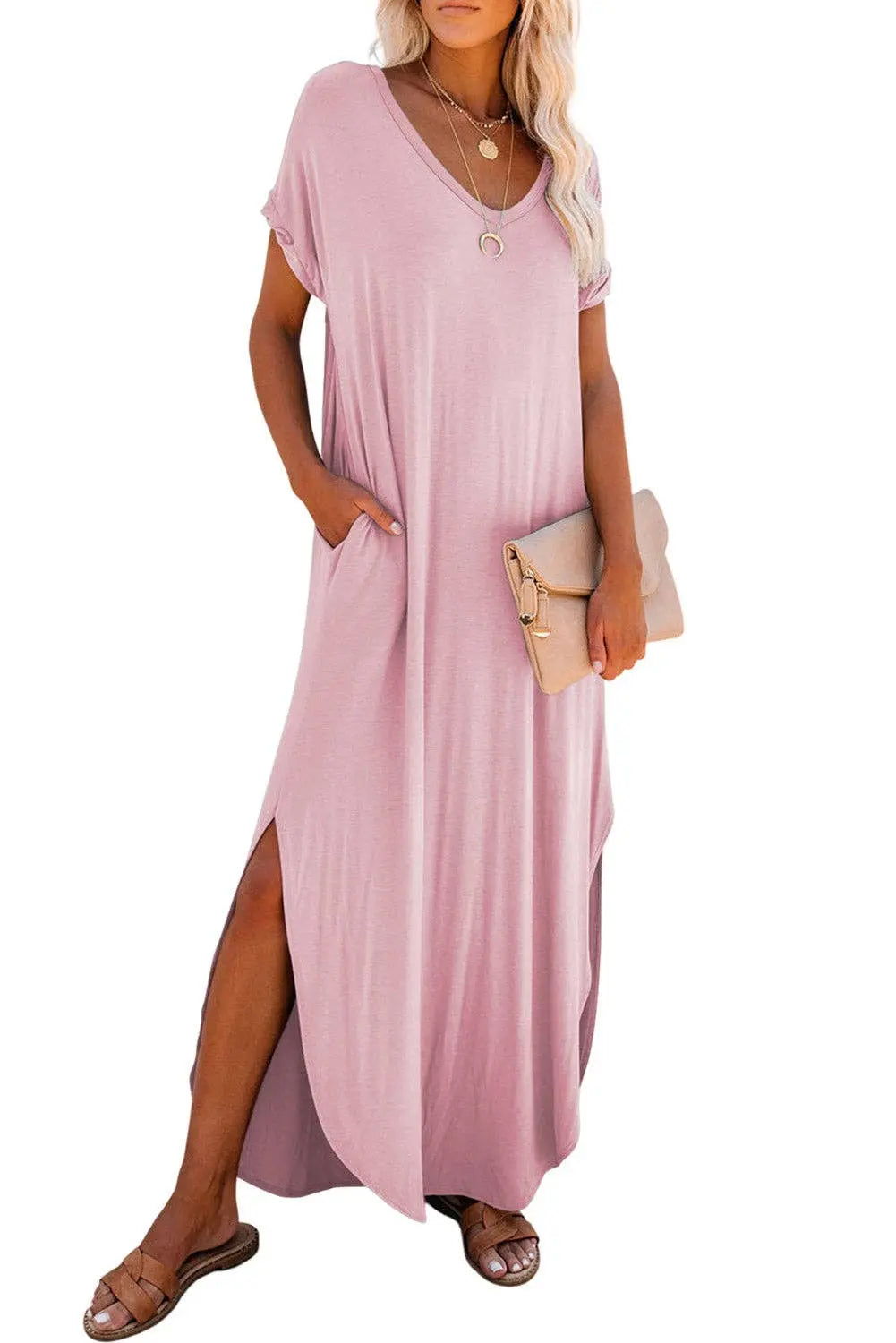 Pocketed V-Neck T-Shirt Maxi Dress - Branded By Barta