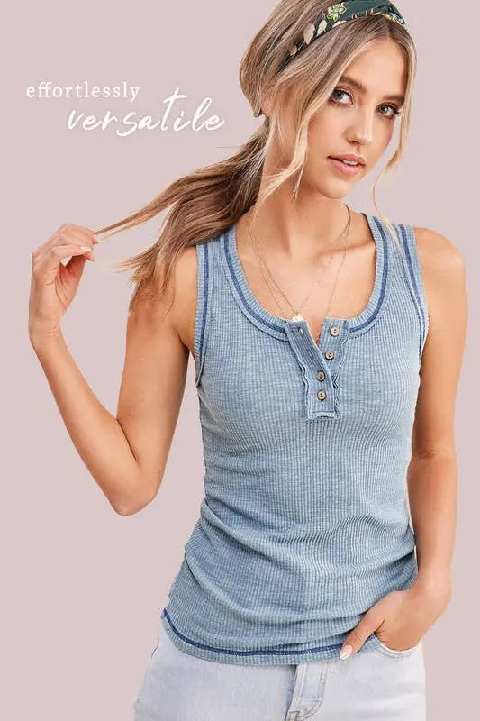 Effortlessly Versatile Ribbed Cotton Henley Tank - Branded By Barta