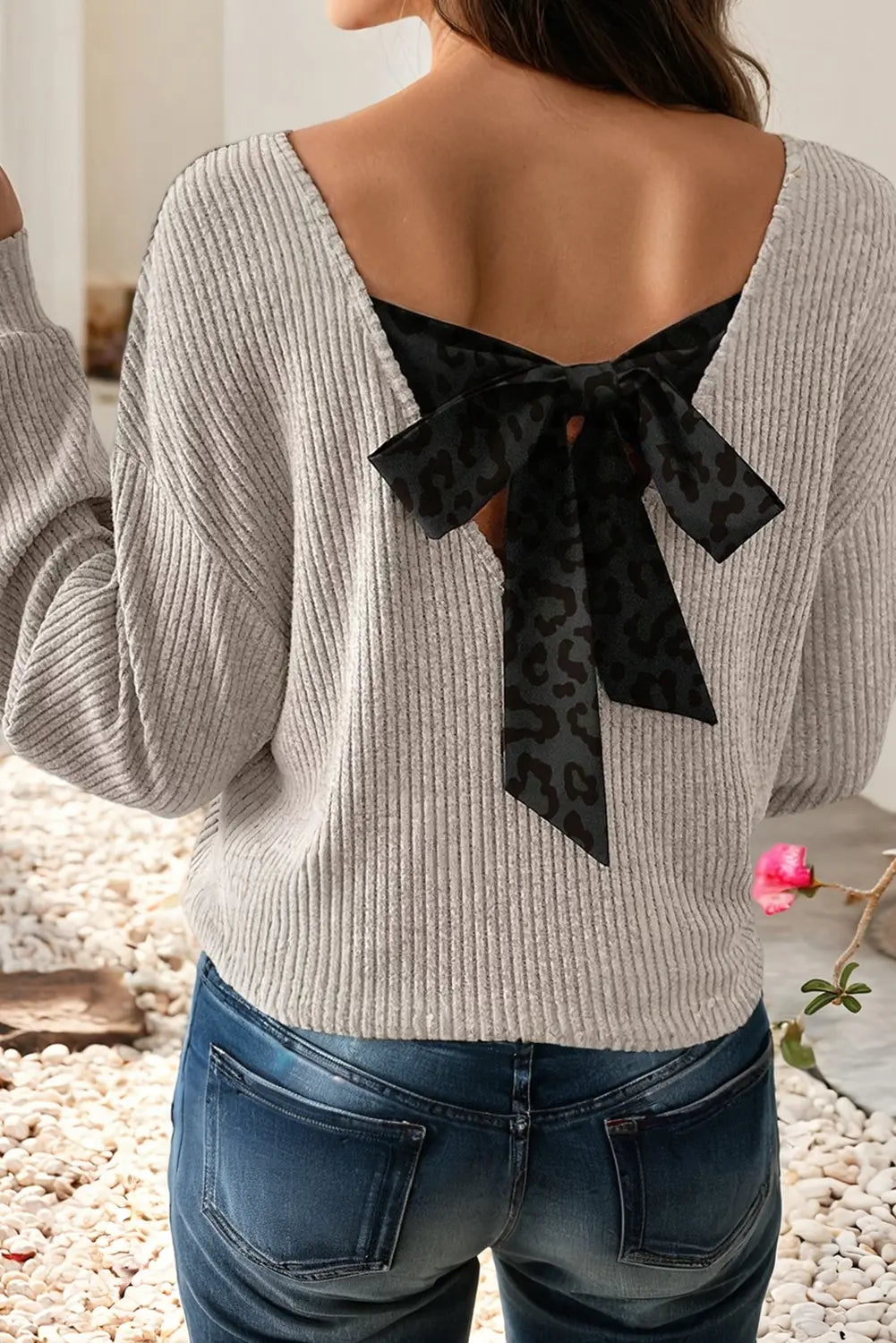 Print Back Bow Tie Drop Shoulder Long Sleeve Top Little Daisy Closet