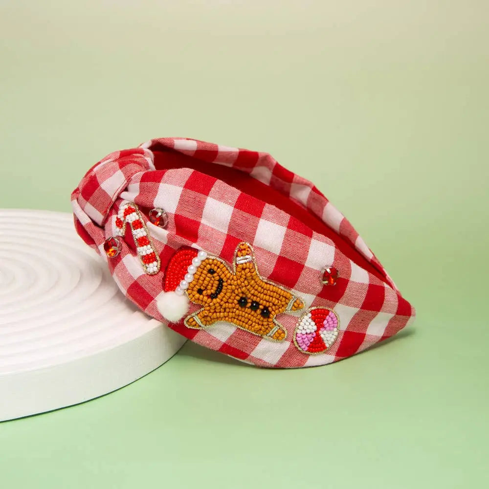 Christmas Gingerbread Man Seed Beaded Top Knotted Headband SP Sophia Collection