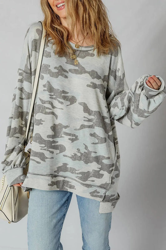 LDC Retro Camouflage Print Exposed Seam Patchwork Sweatshirt Little Daisy Closet