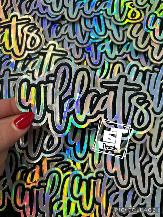 Holographic Cursive Wildcats....Cap Patches 6j Threads LLC