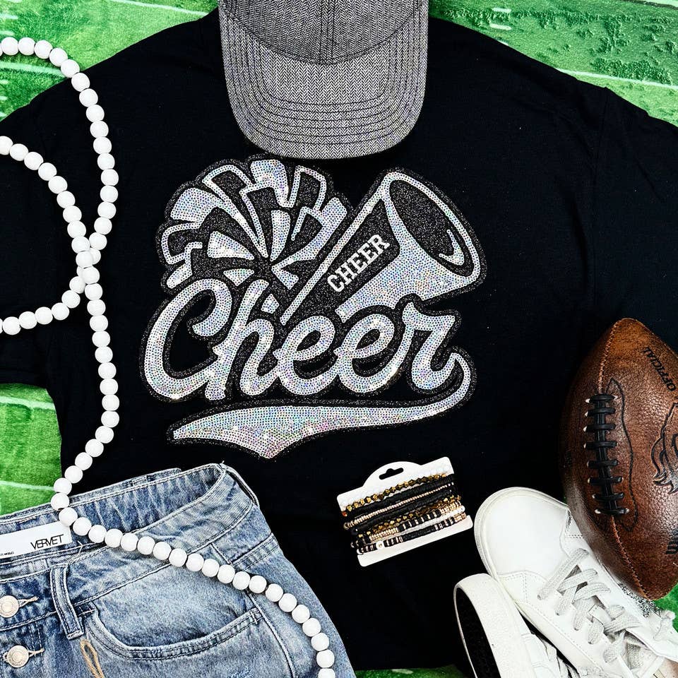 Cheer Pom and Megaphone Black/Silver Sequin Patch Trendy Transfers
