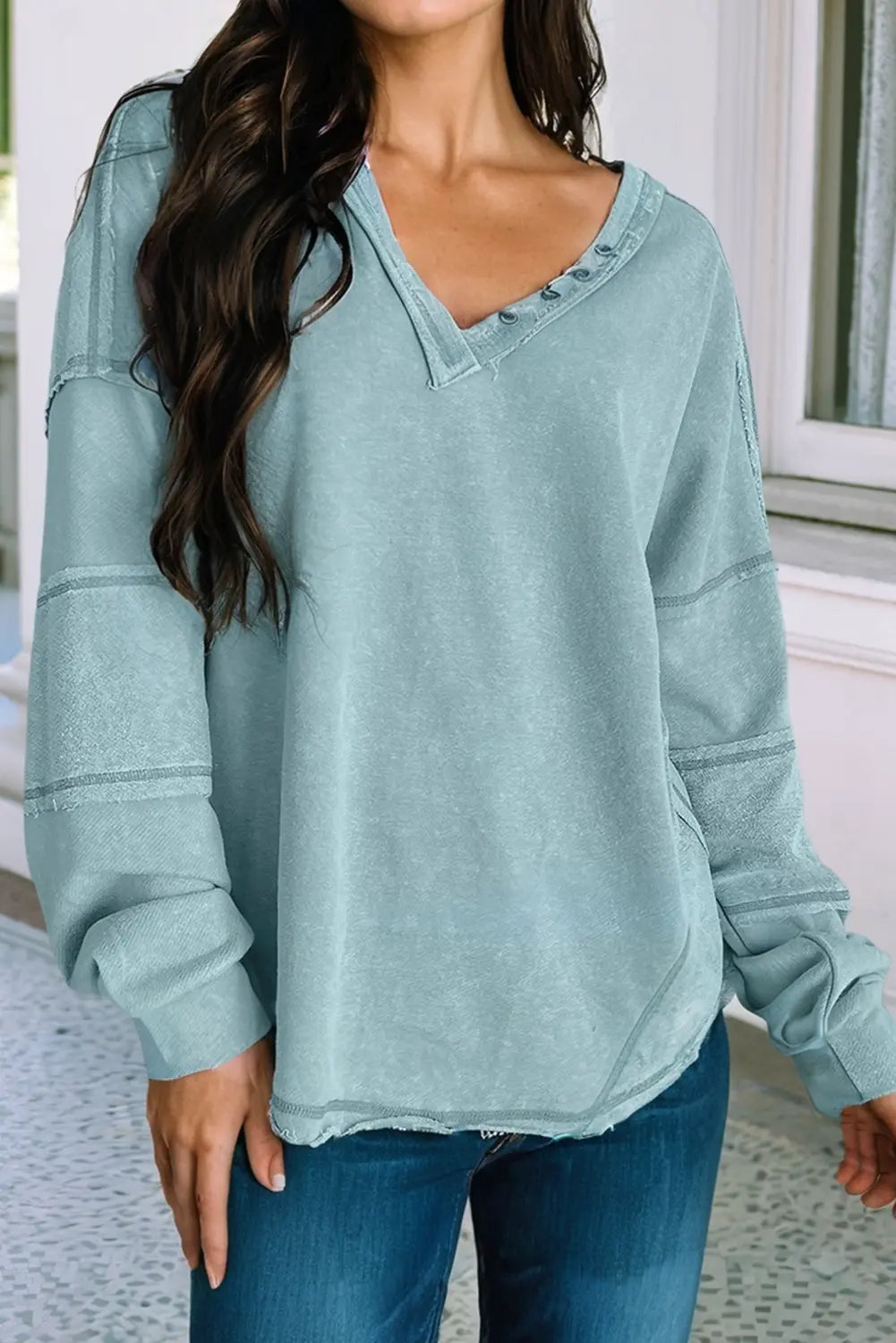 LDC Raw Edge Long Sleeve Buttoned V Neck Exposed Seam Top Little Daisy Closet