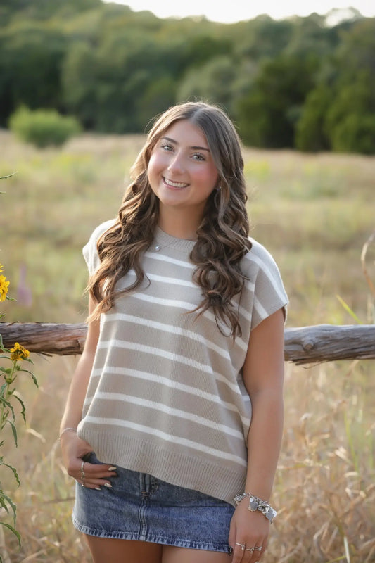 Striped Print Round Neck Knit Top Branded By Barta