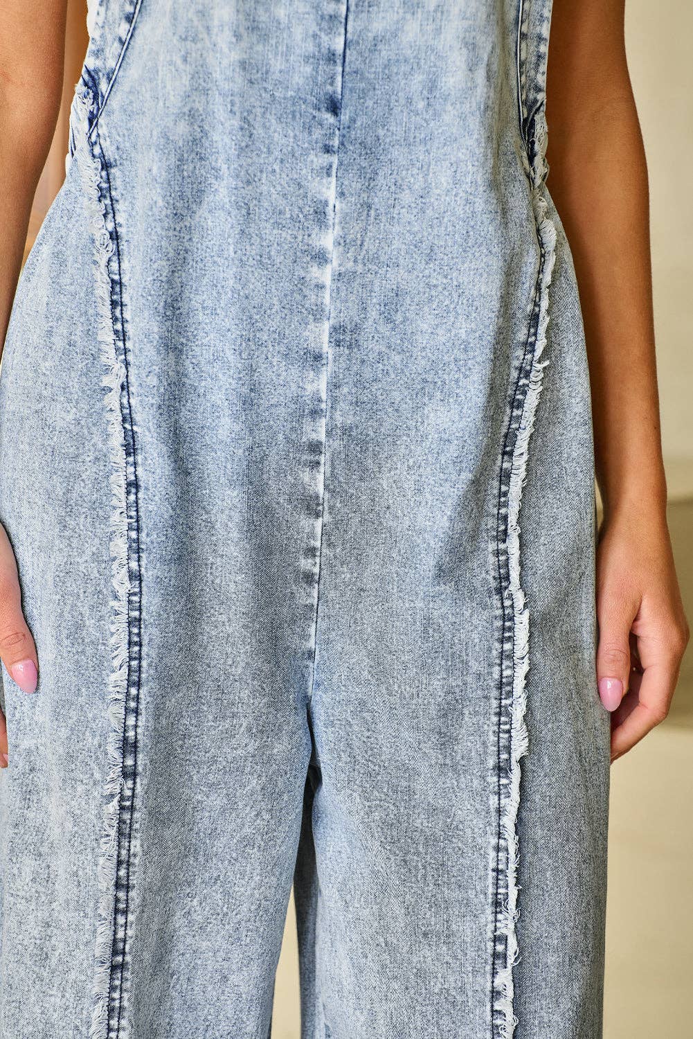 Beau Blue Light Wash Frayed Exposed Seam Wide Leg Denim Overall - Branded By Barta