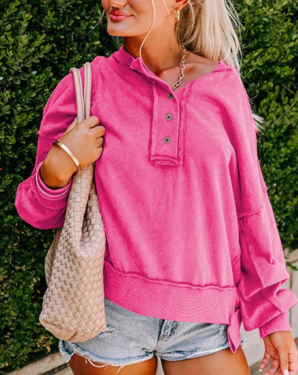 Exposed Seam Buttoned Henley Sweatshirt - Branded By Barta